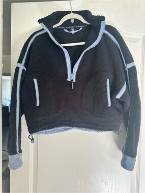 FP Movement by Free People Black Teddy Fleece Pullover with Light Blue Trim